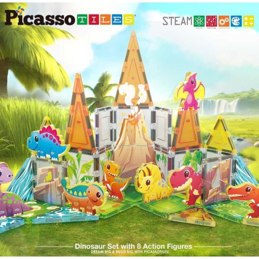 PicassoTiles Magnetic Tiles for Kids - Dinosaur Theme 38PCS STEM Educational Building Blocks Toy Set