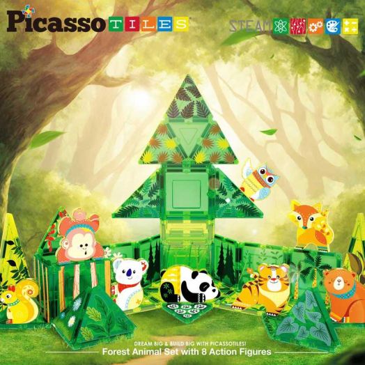 PicassoTiles Magnetic Tiles for Kids - Forest Animals Theme 48PCS STEM Construction Building Blocks Educational Toy