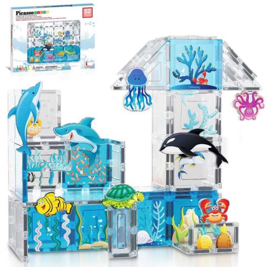 PicassoTiles Magnetic Tiles for Kids - Marine Animal Theme 52PCS STEM Construction Building Blocks Educational Toy