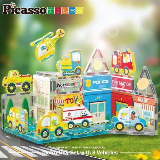 PicassoTiles Magnetic Tiles for Kids, Metro City Theme 26PCS STEM Construction Building Blocks Educational Toy