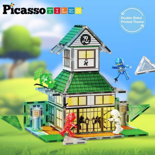 PicassoTiles Magnetic Tiles for Kids - Ninja Dojos House Theme 64PCS STEM Construction Building Blocks Educational Toy