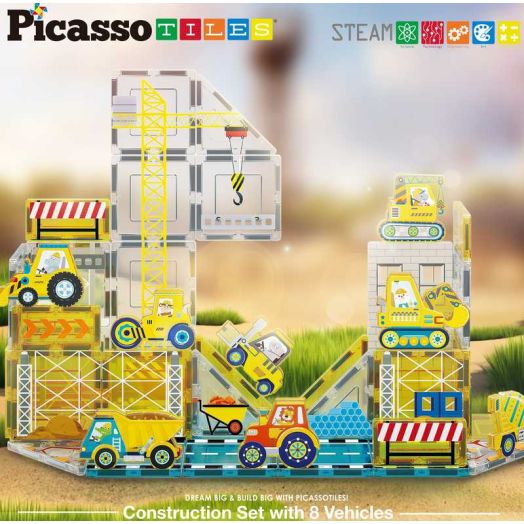 PicassoTiles Magnetic Tiles for Kids, Construction Theme 45PCS STEM Building Blocks Educational Toy