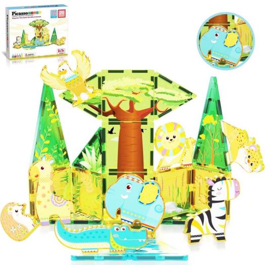 PicassoTiles Magnetic Tiles for Kids, Safari Animals Theme 26PCS STEM Construction Building Blocks Educational Toy