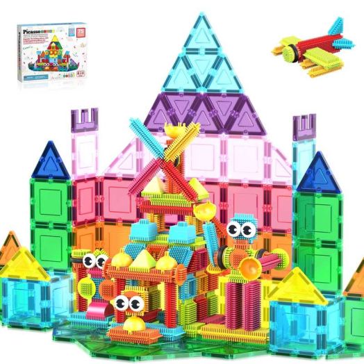 PicassoTiles Magnetic Tiles & Hedgehog 2-in-1 Interlocking Brush Connector Building Blocks