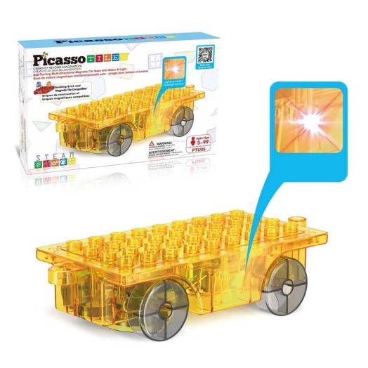 PicassoTiles Motorized Car Base Magnetic Tiles Playset, Self-Turning Omnidirectional Truck with Light & Motor, STEM Construction Toy for Kids 3+