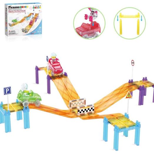 PicassoTiles Race Track Magnetic Tiles for Kids with 2 Racing Cars - 45PCS STEM Construction Building Blocks Educational Toy Set