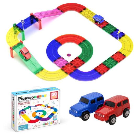 PicassoTiles Race Track Magnetic Tiles, 30PCS with 2 Racing Cars STEM Toy Set