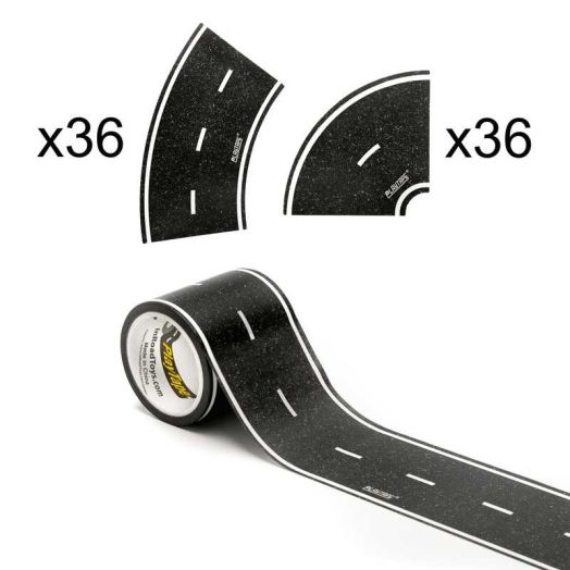 PlayTape Road Tape Build Pack with Curve Stickers for Kids, 1 Roll Road Tape, 2 Curve Rolls, Black, 30ft