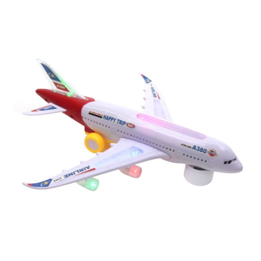 PlayWorld All Aboard! Bump and Go Electric Air Bus A380 Kids Action Airplane - Model Plane with LED Lights and Sounds - Changes Direction On Contact - Red