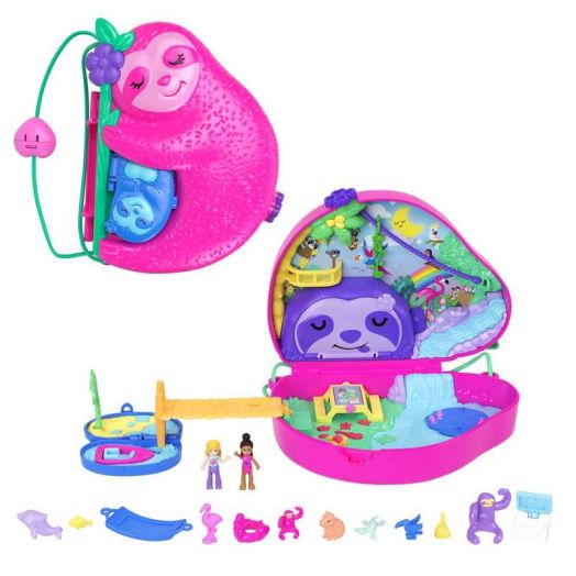 Polly Pocket Dolls and Micro Playset, Travel Toys, Sloth Family 2-in-1 Purse Compact and Accessories