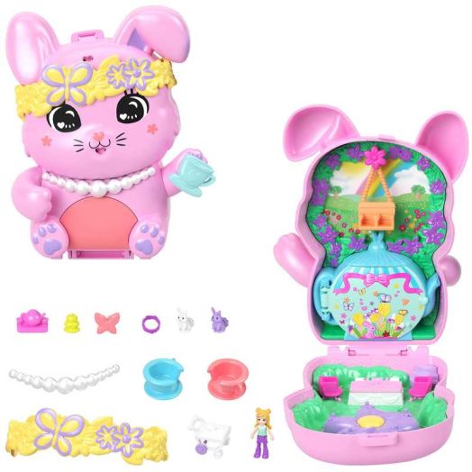 Polly Pocket Tea Party Bunny Compact Playset with 1 Micro Doll, Pet Bunnies & Styling Accessories