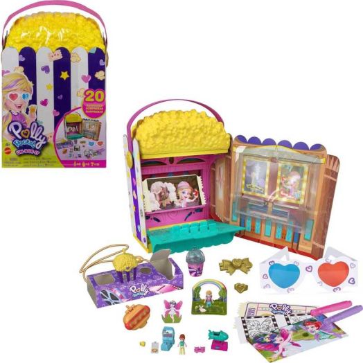 Polly Pocket Un-Box-It Playset, Movie Theater Theme, 2 Dolls, 15+ Surprises