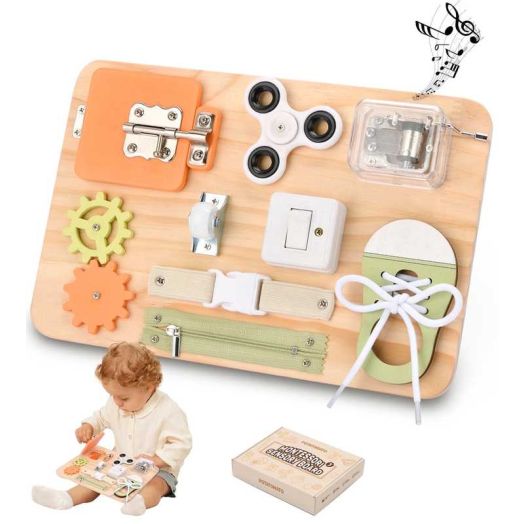 Montessori Toys for Tooddlers- Busy Board - Educational Fidget Toy for Baby - Wooden Sensory Toys for Autistic Children - Preschool Activities - Fine Motor Skills - Travel Toy