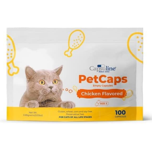 Capsuline Chicken Flavored Gelatin Empty Capsules Size 3 100 Count for Cats and Dogs - Pill Caps - Empty caps for Pets
