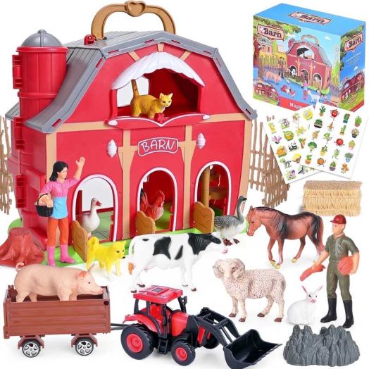 QIAHO Farm Animal Toys Take Along Barn Farm Playset for Toddlers Montessori Toys for Kids with 10 Animals Figurines 2 DIY Stickers