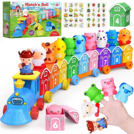 QIAHO Montessori Toys for Toddlers, Counting, Matching, Sorting Preschool Learning Toy Farm Animal Train Set including 9 Barns,10 Finger Puppets and 2 Stickers Birthday Gift for Baby Boys Girls