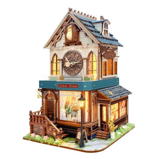 Qissep Book Nook Kit - Cuckoo Chalet 3D Wooden Miniature Bookend with LED Light, DIY Assembly Tabletop Dollhouse for Bookshelf & Desk Decor