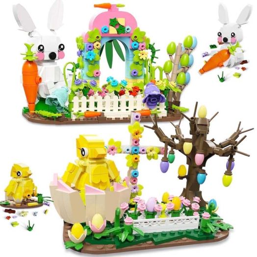 QOQ Bunny & Chick 2 in 1 Building Blocks - Easter Exclusive Toy(877PCS), Perfect Holiday Gifts for Kids 8+