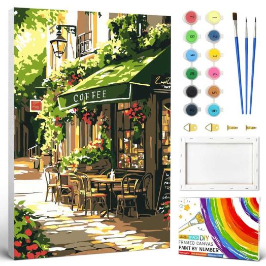 QUITEDEW Cafe Paint by Numbers Kits for Adults with Framed,Town Oil Painting Kits with Brushes for Home Wall Decor (8x12 Inch)