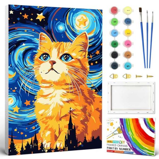 QUITEDEW Cat Paint by Numbers Kits for Adults, Oil Painting on Canvas with Frame,Gift and Decor 8x12 Inch(Starry Night)