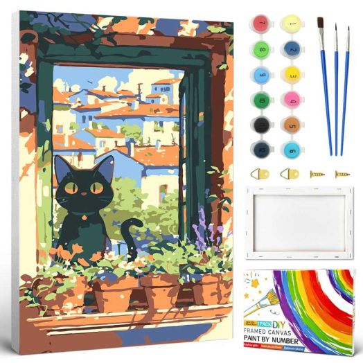 QUITEDEW Cat Paint by Numbers Kits for Adults with Frame,Windowsill Oil Painting on Canvas with Frame,Gift and Decor 8x12 Inch