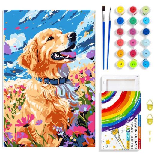 QUITEDEW Dog Paint by Numbers Kits for Adults,Flower Oil Painting on Canvas with Frame,Gift and Decor 8x12 Inch