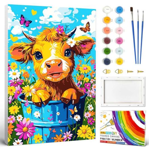 QUITEDEW Paint by Numbers Kit for Adults,DIY Acrylic Oil Painting, with Framed and Brushes for Gift Home Wall Decor 8x12 Inch(Highland Cow Flowers)