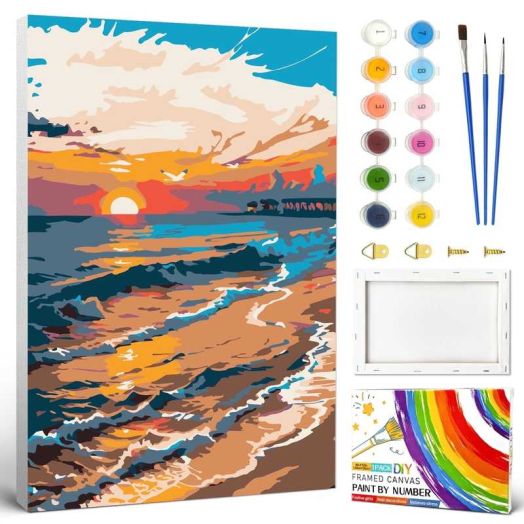 QUITEDEW Sunset Paint by Numbers Kit for Adults,Framed,Perfect for Home Wall Decor 8x12Inch(Beach)