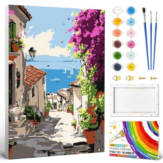 QUITEDEW Town Paint by Numbers Kit for Adults,with Framed,in Colorful Box,Acrylic Watercolor for Gift and Wall Decoration(8x12 Inch)