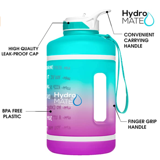 HydroMATE Half Gallon 64 oz Motivational Water Bottle with Time Marker Large BPA Free Jug with Handle Reusable Workout Gym Fitness Bottle with Straw Track Intake and Drink More Water Hydro MATE 64oz