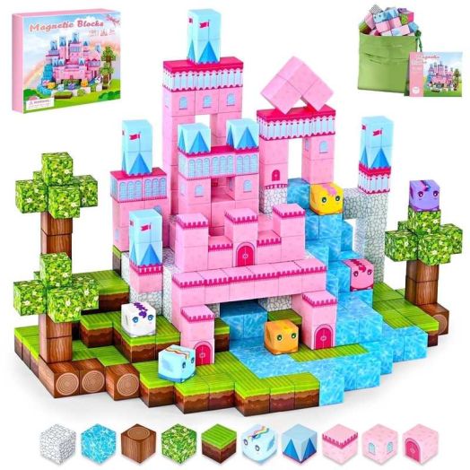 Easter Basket Stuffers, RaceGT Magnetic Blocks, 100pcs Magnet Tiles Building Set for Boys & Girls, Magnetic Cubes Toys, STEM Montessori Sensory Toy, Birthday Gifts for Kids ages 3+ Years Old (Castle)