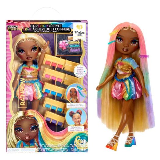 Rainbow High Hair Chalk & Style Meline - Rainbow & Gold 11" Doll, Washable Rainbow Hair Chalk