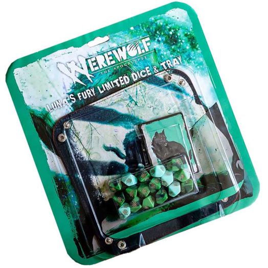 Werewolf: The Apocalypse 5th Edition Roleplaying Game Luna's Fury Limited Dice & Tray Accessory Pack - 17 Green RPG Dice Set, 5 Cards & Folding Tray
