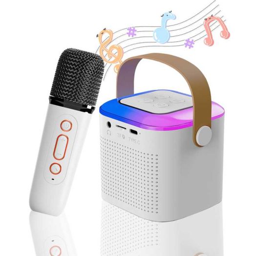 Richgv Upgraded Mini Karaoke Machine for Kids, Music Toys for Girls Boys Toddlers, Portable Bluetooth Speaker with Wireless Microphone for Birthday Party Home Gifts for Girls Boys, White