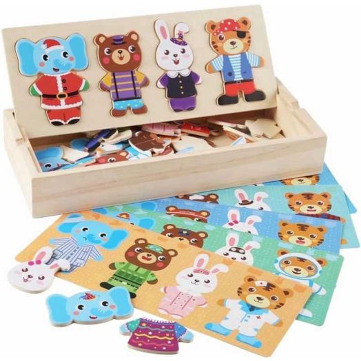 72 Pcs Wooden Dress Up Puzzle, Mix & Match Animal Dress-Up Toys with Storage Box, Change Clothes Puzzle Games,Educational Montessori Toys, Non-Toxic & Safe, Ideal Gift(Mixed)