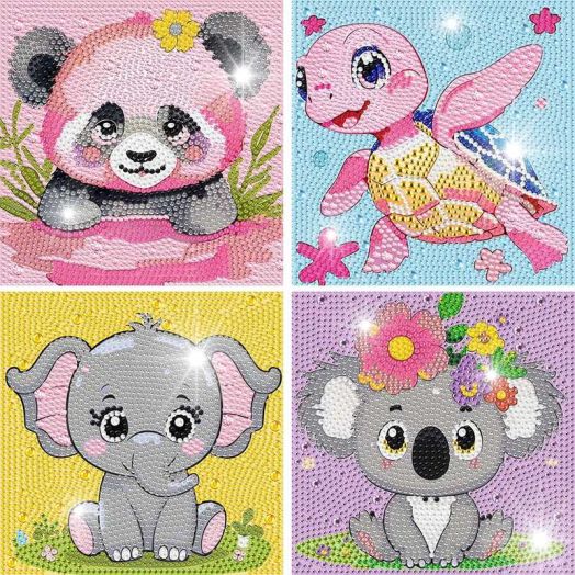 4 Packs Diamond Art Kits for Kids,DIY Cartoon Animals Diamond Arts Mosaic Kits for Kids Beginner,5D Full Drill Painting Kits Ages 6-12 Kids' Mosaic Kits for Home Wall Decor 6X6 inch