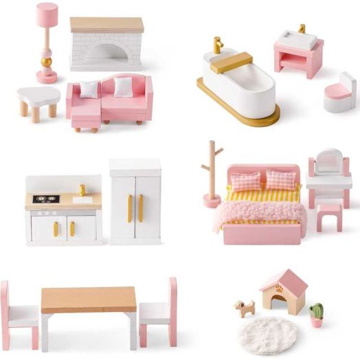 ROBUD 28pcs Wooden Dollhouse Furniture Set Accessories Pretend Play Toys Gift for Girls Boys & Toddlers 3+,Pink