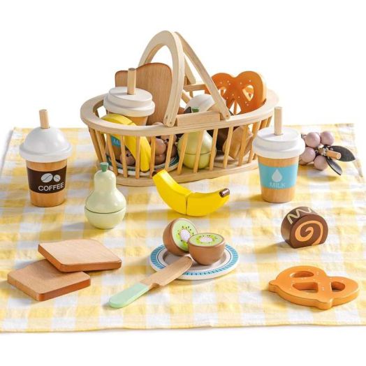 Robud Wooden Play Food for Kids, Picnic Cutting Fruit for Toy Kitchen Accessories, Picnic Basket Toy Set with Realistic Play Food, Develop STEM & Make, Montessori Toys for Toddler 3+