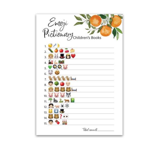 A Little Cutie Theme Emoticon Baby Shower Game - Pack of 25 - Pictionary Children's Books Baby Shower Games, Cuties Citrus Orange emoticon Games, Gender Reveal, Couples Shower Gender Neutral G350-EMJ