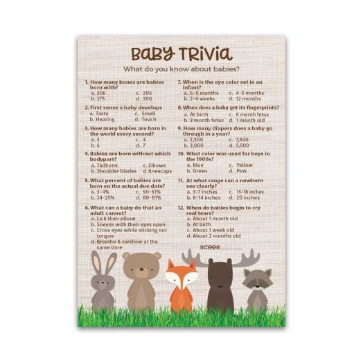WOODLAND ANIMALS Baby Shower Game - BABY TRIVIA Game - Pack of 25 - Country Rustic GENDER NEUTRAL Baby Shower Games, FALL Outdoors Baby Shower Games, Fun Baby Facts Game Baby Shower Activity G601-TRV