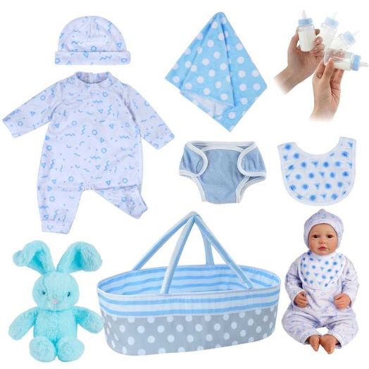 RSG Baby Clothes & Bassinet Set for 17-22 inch Reborn Soft Cloth Body - Blue 8pc Outfit Accessories