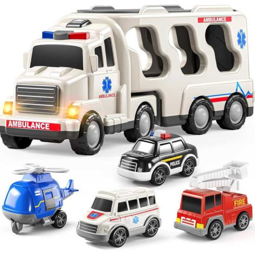 5 Pack Emergency Rescue Ambulance Car, Vehicle Toddler Truck Toys for 2 3 4 5 6 Year Old Boys, Friction Power Cars with Rescue Helicopter, Police Car, Fire Truck, Birthday Gifts for Girls Age 3-8