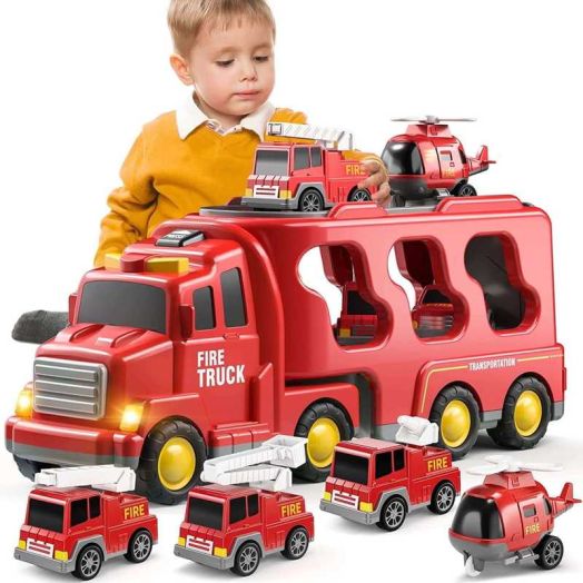 RUVINCE 5-in-1 Toddler Construction Truck Toys Set with Carrier & Vehicles