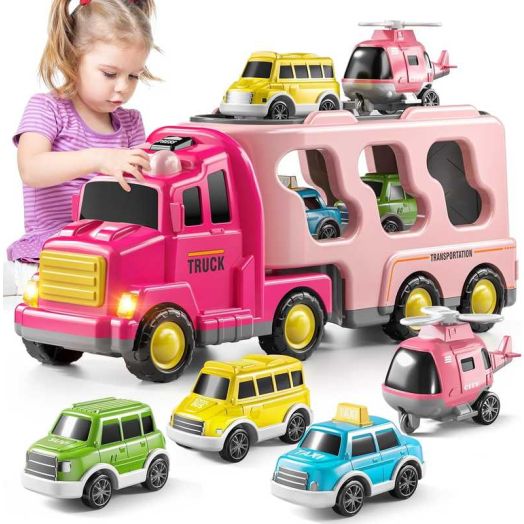 Ruvince Girls Toddler Truck Toys for 3 4 5 6 Year Old Girls, 5-in-1 Friction Power Vehicle Car Toy for Toddlers 3-6, Carrier Toys for Kids 3-5, Christmas Birthday Gifts for Girls Age 3-8
