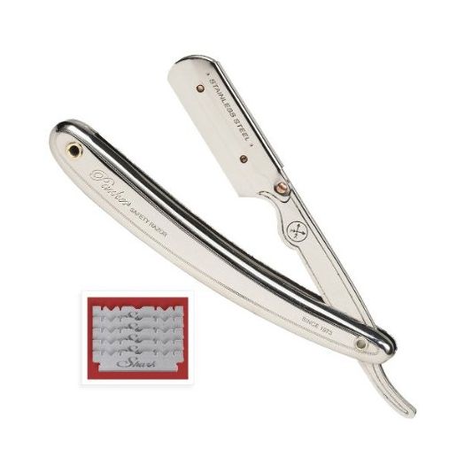 Parker SR1 Stainless Steel Straight Edge Razor and 5 Shark Super Stainless blades