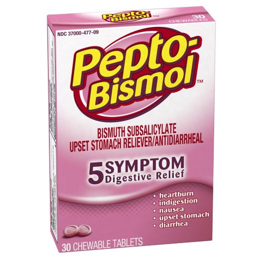 Pepto-Bismol Original Chewables 5 Symptom Relief, Including Upset Stomach and Diarrhea 30 Count (Pack of 4)