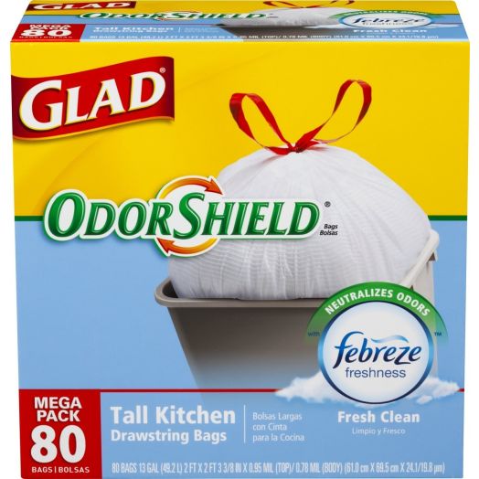 Glad OdorShield Tall Kitchen Drawstring Trash Bags, Fresh Clean, 13 Gallon, 80 Count
