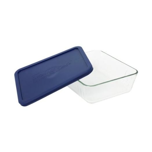 Pyrex Storage 11-Cup Rectangular Dish with Dark Blue Plastic Cover, Clear