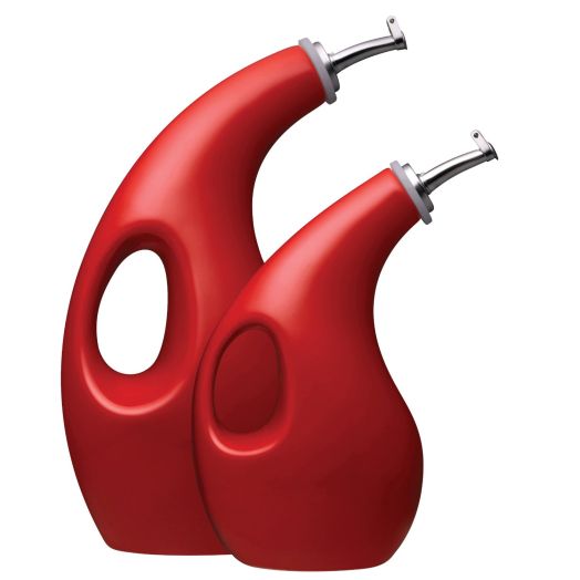 Rachael Ray Stoneware EVOO Oil and Vinegar Dispensing Bottle Set, 2-Piece, Red