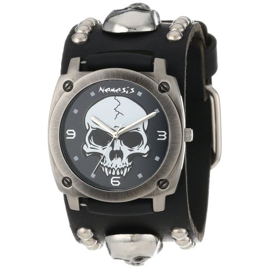 Nemesis Men's MSK926K Punk Rock Collection Black Heavy Duty Skull Leather Band Watch